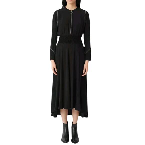 Maje Rimage Silver Studded Crepe Zip Up Midi Dress Asymmetrical Hem Black Size 2 - Picture 1 of 10